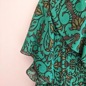 Teal Brown Pleated Ruffle Flutter Sleeve Top 1X